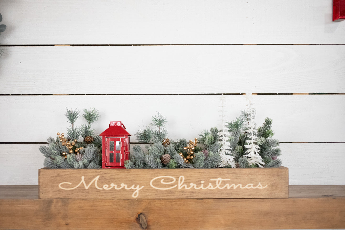 Jingle Bells Christmas Centerpiece, Engraved Wood Box with Christmas Greenery