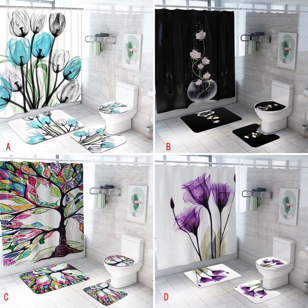 Colorful Tulip Lotus Flowers Trees Shower Curtain Sets Non-Slip Rugs Toilet Lid Cover and Bath Mat Waterproof Bathroom Curtains