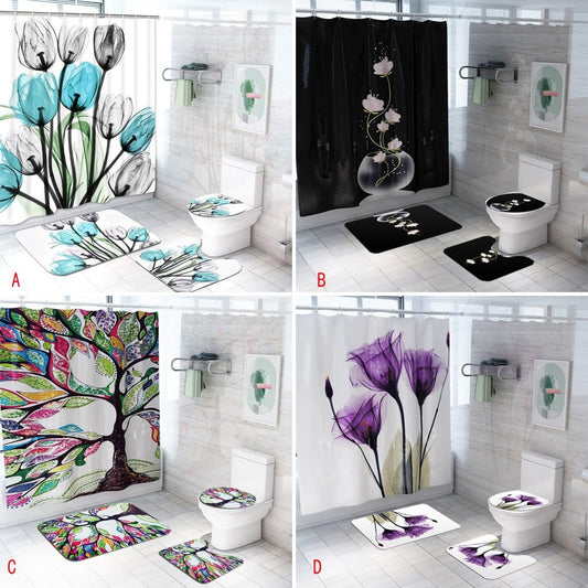 Colorful Tulip Lotus Flowers Trees Shower Curtain Sets Non-Slip Rugs Toilet Lid Cover and Bath Mat Waterproof Bathroom Curtains