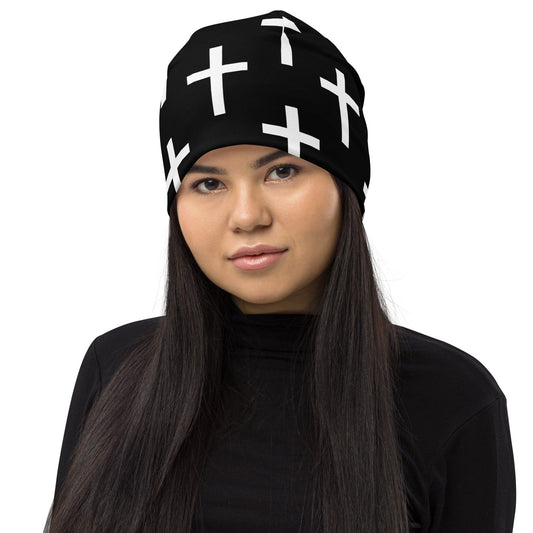 Double-layered Beanie Hat Black White Cross Print-0