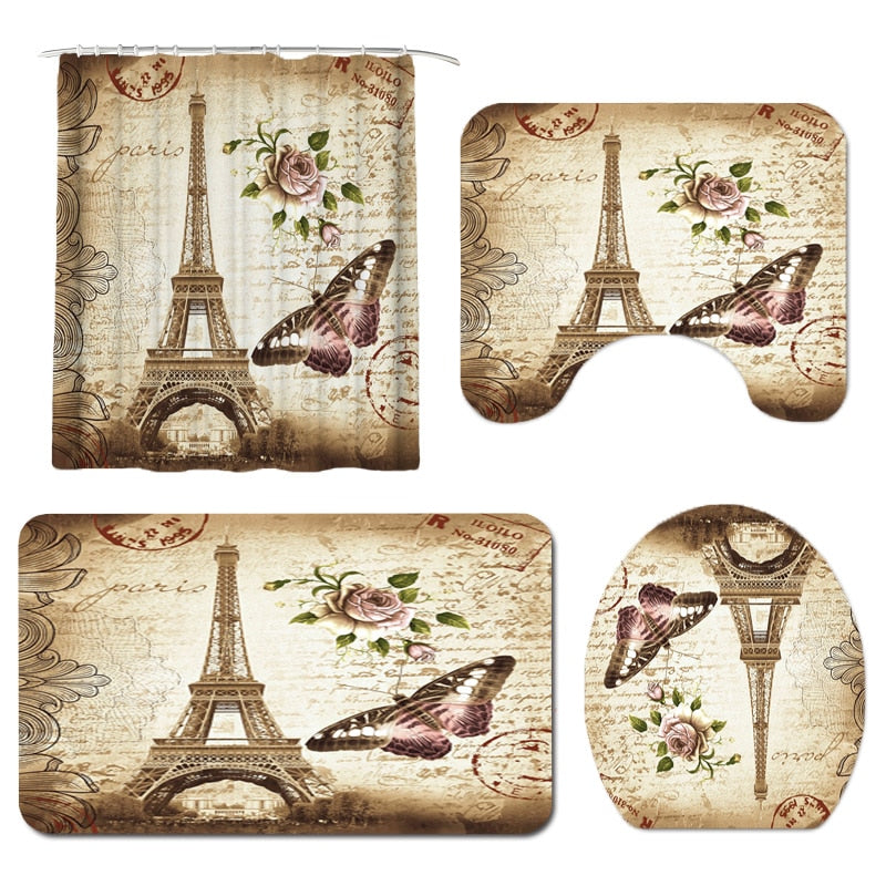 Paris Tower Landscape 3D Waterproof Shower Curtains Bathroom Curtain Sets Anti Slip Pedestal Rug Lid Toilet Cover Bath Mat Set