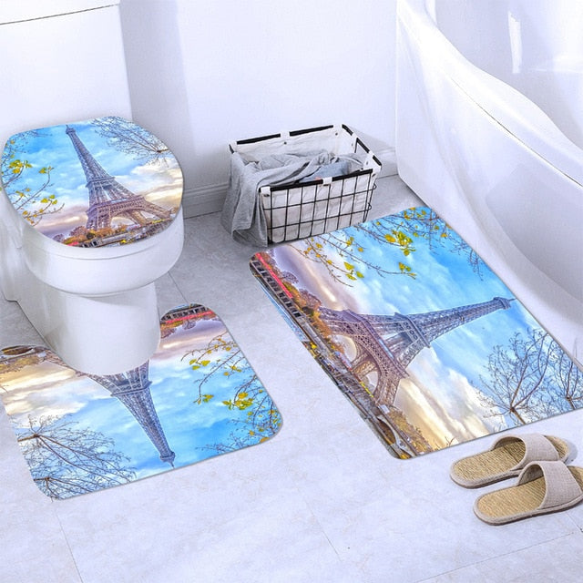 Paris Tower Landscape 3D Waterproof Shower Curtains Bathroom Curtain Sets Anti Slip Pedestal Rug Lid Toilet Cover Bath Mat Set